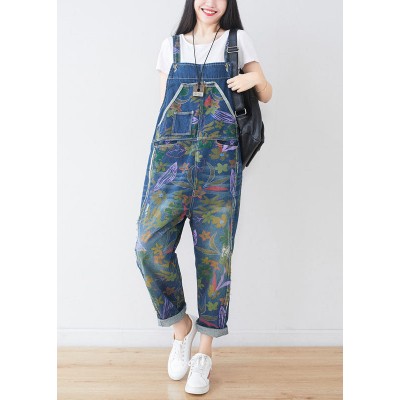 Natural Blue Hole Print Pockets Cowboy Jumpsuit Spring