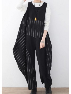 Spring  Summer Cotton Hemp Women Oversized Asymmetric Striped Jumpsuit