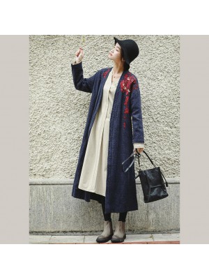 Loose Blue Embroidery Long side open Cotton Linen Coat For Women