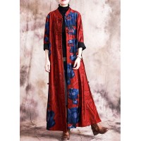 boutique plus size Winter coat fall women coats black patchwork green print Chinese Button coat for woman