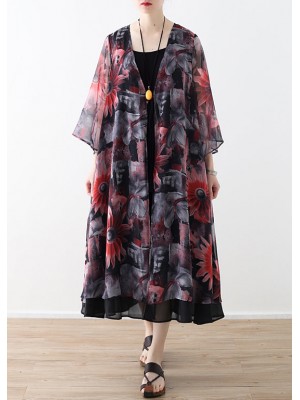 Art red printed chiffon coat Robe summer Dresses cardigan