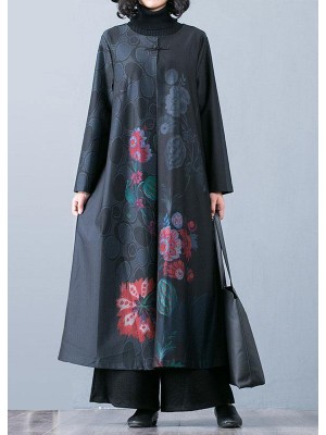Fine black prints overcoat trendy plus size long jackets fall trench coats Chinese Button