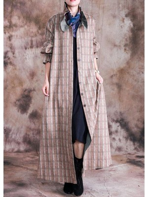 boutique plus size long coat fall woolen outwear khaki plaid Cinched wool coat for woman