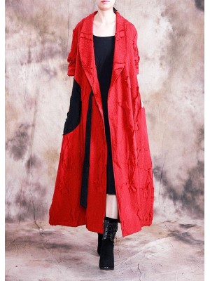 vintage trendy plus size long fall red turn-down collar tie waist coat