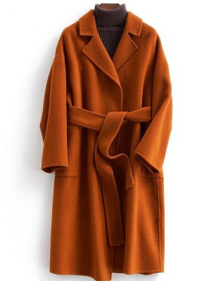Fashion brown Woolen Coats Women Loose fitting medium length jackets tie waist coat