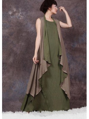 French sleeveless linen Long Shirts Runway green outwear summer