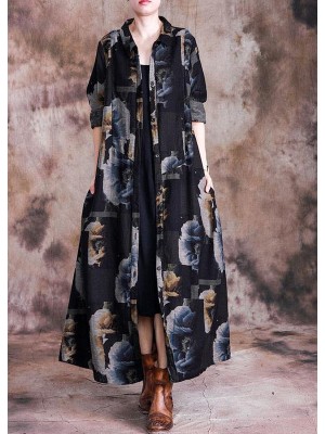 Fine casual long coat fall gray black print lapel Button Down Coats Women