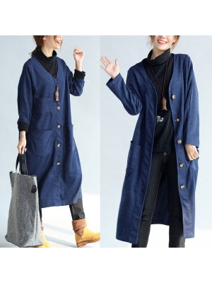 autumn winter warm navy cotton trench coats woolen loose pockets v neck cardigans