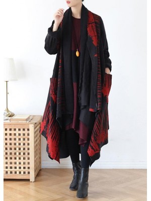 Cozy red print coat plus size spring asymmetric coat