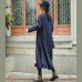 Loose Blue Embroidery Long side open Cotton Linen Coat For Women